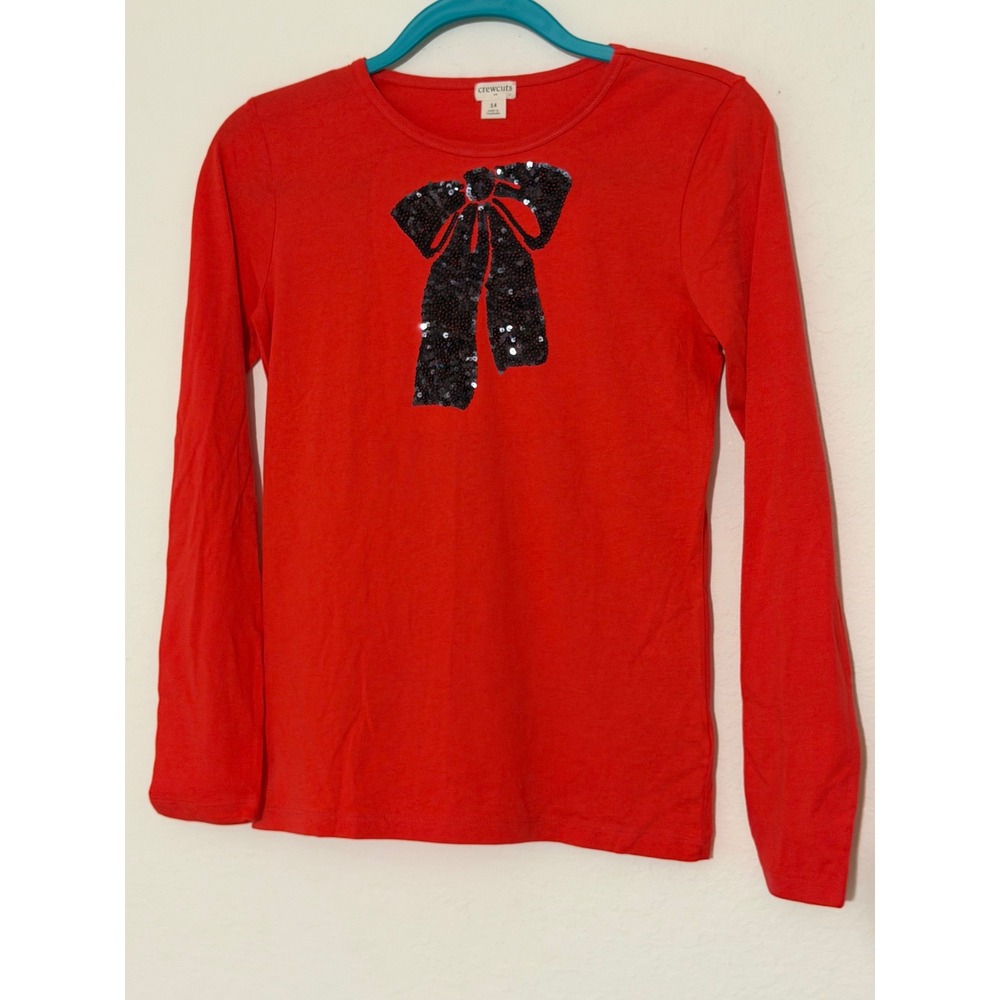 Crewcuts J.Crew Girls Red Long Sleeve Sequin Bow Graphic Tee Shirt Size 14 K3120